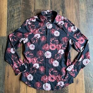 Express Slim Fit Men’s Dress Shirt Floral Black Red Size M 15–15.5 Button Up